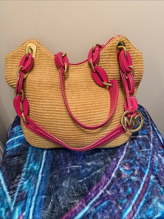 Michael Kors Handbags - Michael Kors Straw Shoulder Tote with Pink Trim and Gold Hardware